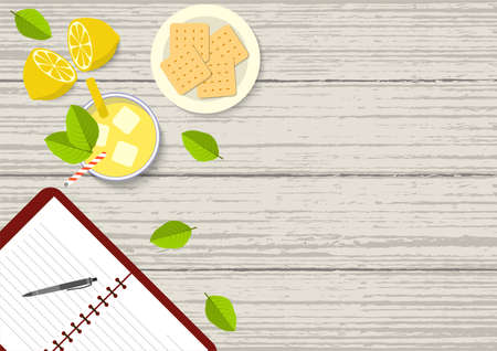 Flat vector illustration of mahogany dining table from above. Top view illustration of dinning table with open book, lemonade, lemon fruit, cracker biscuits, and leaves on mahogany table.のイラスト素材