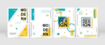 Trendy geometric design. Cool memphis poster background. Set of trendy memphis design. Colorful geometric background. Applicable for flyer, brochure, cover, magazine, book, banner.のイラスト素材