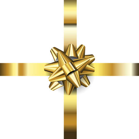 Realistic golden bow decoration on white background. 3D decorative vector illustration for invitation, wedding, and graphic resources. Shiny bow and ribbon.のイラスト素材