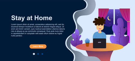 Work from home landing page template. Stay at home, working online, work at home work, website landing page about home quarantine concept designのイラスト素材