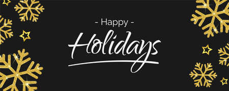Happy Holidays vector illustration with shiny golden snowflake decoration on black background. Happy Holidays greeting card with beautiful handwritten text. Gold snowflakes with glitter.のイラスト素材