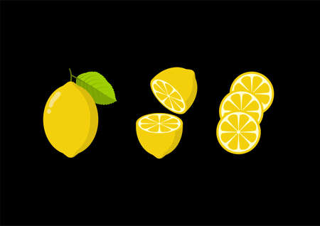 Fresh lemon fruit with a leaf sheet. Elements of lemon fruit for graphic resources. The lemon fruit vector is split with a black background. Lemon Fruit Cartoonsのイラスト素材