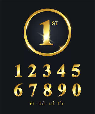 Set of gold number and ending of the words isolated on black background. Golden metallic number suitable for luxury design, VIP, and anniversary celebration designのイラスト素材