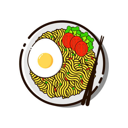 Indonesian Famous Food in Flat Design Art. Noodles, Eggs, Tomatoes, and Herbs are Dishes using Chopsticksのイラスト素材
