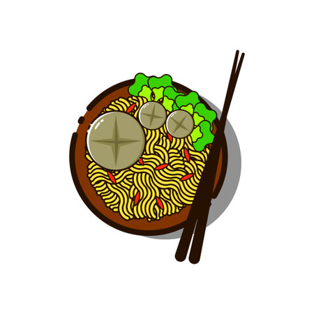 Indonesian Famous Food in Flat Design Art. Bakso, Noodles, Vegetables, and Spices in a Bowl using Chopsticksのイラスト素材