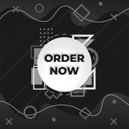 Order now promo banner in Memphis style. Black cover design. Trendy geometric background. Applicable for sale banner, sale promotion, advertisementのイラスト素材