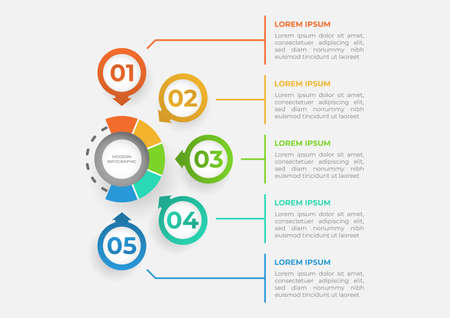 Modern infographics template. Presentation business infographic with 5 sections. Vector design for brochure, diagram, schedule, workflow, web design, annual report.のイラスト素材
