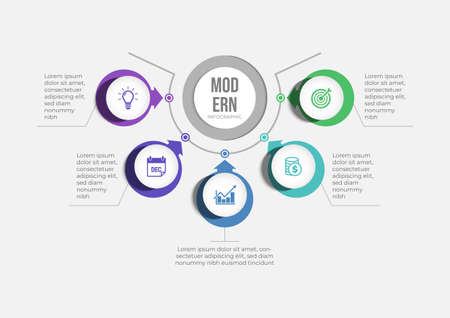 Modern infographics template. Presentation business infographic with 5 sections. Vector design for brochure, diagram, schedule, workflow, web design, annual report.のイラスト素材