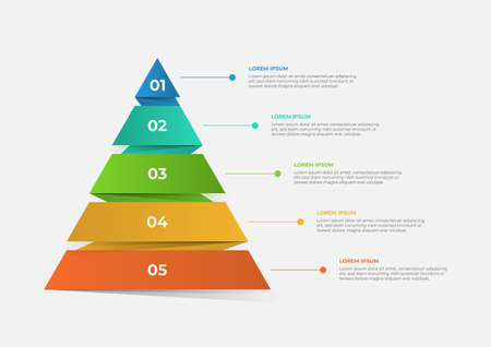 A pyramid-shaped modern timeline infographic template divided into five parts. Vector business template for presentations. Suitable for brochures, workflows, annual reports, charts, layoutsのイラスト素材