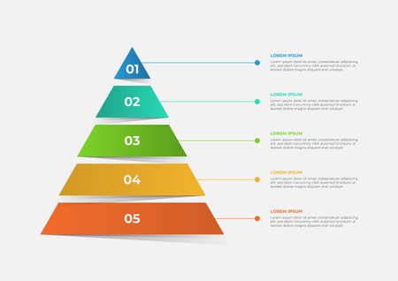 A pyramid-shaped modern timeline infographic template divided into five parts. Vector business template for presentations. Suitable for brochures, workflows, annual reports, charts, layoutsのイラスト素材