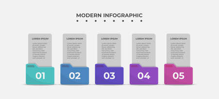 Creative presentation label design for infographics. Vertical option banner with folder in 5 steps. Graphic resource elements suitable for workflow, graph, layouts, brochure, business reportのイラスト素材