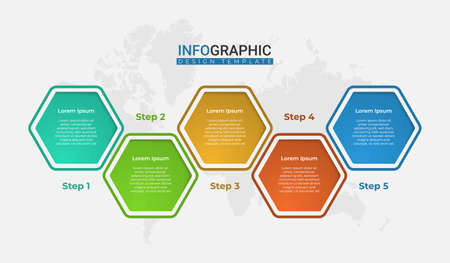 Trendy hexagonal options. Creative business presentation design for infographics in 5 steps. Graphic resource elements suitable for workflow, annual report, graph, layouts, brochure, business report.のイラスト素材