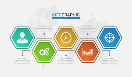 Trendy hexagonal options. Creative business presentation design for infographics in 5 steps. Graphic resource elements suitable for workflow, annual report, graph, layouts, brochure, business report.のイラスト素材