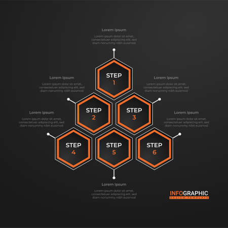Trendy hexagonal options. Creative business presentation design for infographics in 5 steps. Elegant presentation design in black and orange. Cool graphic resource elements with beehive styleのイラスト素材