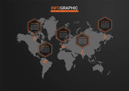 World map infographic. Creative business presentation design for infographics with world map background. Elegant presentation design in black and orange. Cool graphic resource elementsのイラスト素材