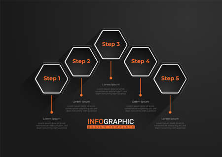 Trendy hexagonal options. Creative business presentation design for infographics in 5 steps. Elegant presentation design in black and orange. Cool graphic resource elementsのイラスト素材