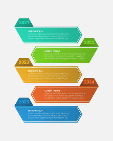 Creative presentation label design for timeline infographics in 5 steps. Horizontal option banner. Graphic resource elements suitable for timeline information, annual report, business report.のイラスト素材