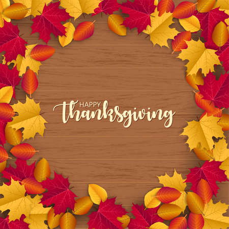 Happy Thanksgiving illustration with scattered autumn leaves on wood backgroundのイラスト素材