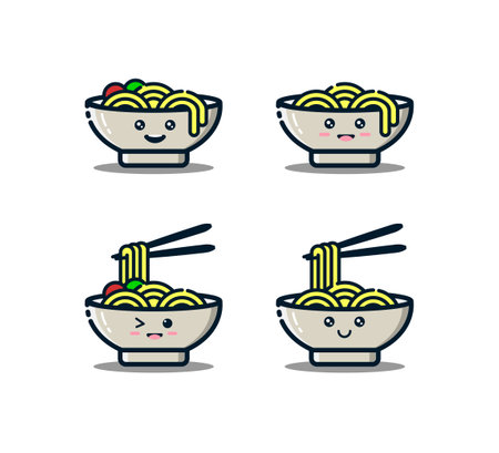 Cute noodles character with Chopsticks in MBE Style. Noodles or Ramen for Logo or Menu Background Decorationのイラスト素材