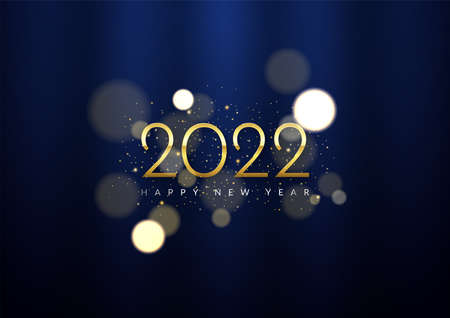 Luxurious 2022 new year celebration concept with shiny glitter particles and blue curtain. Golden 2022 numberのイラスト素材