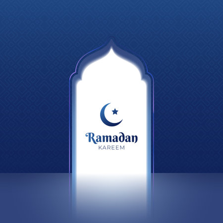 Beautiful Ramadan Kareem background design with crescent moon and star. Islamic greeting card illustration with mosque door. Mosque door with glowing light. Islamic doorway to heaven illustrationのイラスト素材