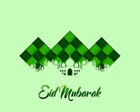 Eid Mubarak vector design greeting card background. Eid al Fitr illustration in a paper-cut style with mosqueのイラスト素材