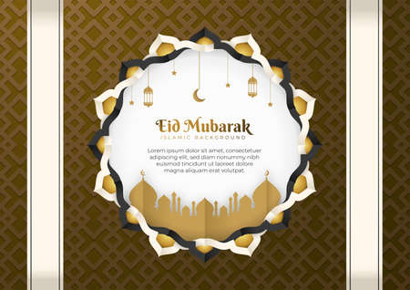 Eid Mubarak vector design greeting card background. Eid al Fitr illustration in a paper-cut style with mosque, crescent, lantern, Arabesque ornament. Suitable for Islamic celebration templates.のイラスト素材