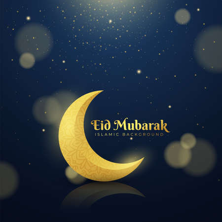 Eid Mubarak vector design greeting card background. Eid al Fitr illustration with golden crescent, glitter particles. Suitable for Ramadan concept, Islamic celebration templates.のイラスト素材