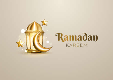 Realistic Islamic Ramadan greetings with golden crescent, star, and Arabic lantern. Luxury Ramadan Kareem backgroundのイラスト素材