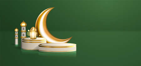 Realistic 3d Islamic celebration with Arabic ornament and product podium in green background. Ramadan Kareem illustration for advertising, sales, online shopping, and marketingのイラスト素材