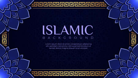 Luxury Islamic greeting card banner with beautiful flowers decoration on dark blue background. Invitation card template with Arabic ornament and mandalaのイラスト素材