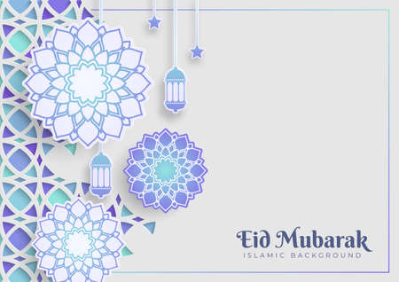 Eid al Fitr greeting card banner with beautiful flowers decoration on the white background. Islamic celebration template with Arabic ornament and mandala. Bright abstract backgroundのイラスト素材