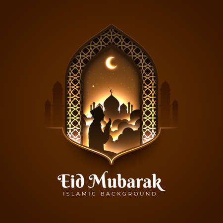 Glowing Eid Mubarak greeting card illustration with a man praying and mosque silhouette. Beautiful Islamic graphic design with a crescent moon, mosque gate at night, and light behind itのイラスト素材