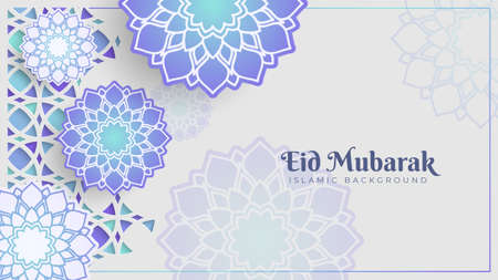 Eid al Fitr greeting card banner with beautiful flowers decoration on the white background. Islamic celebration template with Arabic ornament and mandala. Bright abstract backgroundのイラスト素材