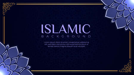 Luxury Islamic greeting card banner with beautiful flowers decoration on dark blue background. Invitation card template with Arabic ornament and mandalaのイラスト素材