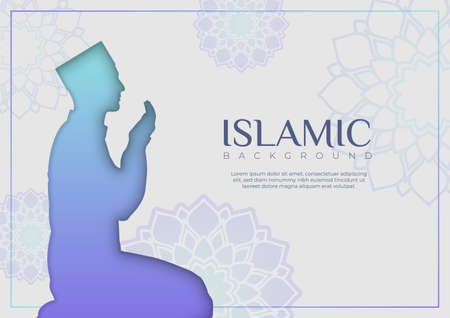 Islamic greeting card background and flower decoration with a man praying. Simple and minimalist Eid al Fitr banner illustration with beautiful mandala flower for Islamic celebration templates.のイラスト素材