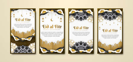 Beautiful Eid al Fitr social media stories collection in paper style with mosque and mandala flower. Eid Mubarak greeting card background with mosque, crescent, lantern, and Arabesque ornament.のイラスト素材
