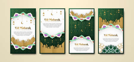 Beautiful Eid Mubarak social media stories collection in paper style with mosque and mandala flower. Eid Mubarak greeting card background with mosque, crescent, lantern, and Arabesque ornament.のイラスト素材