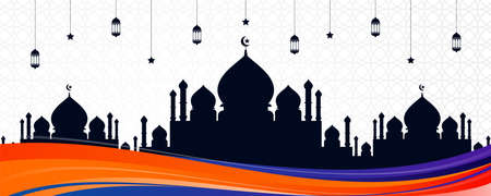 Islamic greeting card banner with colorful wave design, mosque silhouette, and Arabic ornaments. Beautiful Eid al Fitr background with hanging lanterns, stars, and colorful abstract waveのイラスト素材
