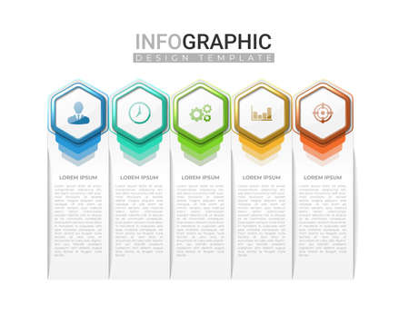 3d realistic infographic label in 5 steps. Vertical infographic with colorful gradient hexagonal shape. Business information steps with iconのイラスト素材