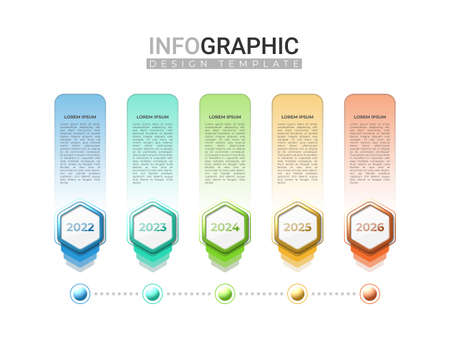 3d realistic timeline infographic in 5 steps. Modern infographic with colorful gradient hexagonal shapeのイラスト素材