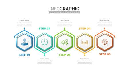 3d realistic infographic in 5 steps. Professional infographic with colorful gradient hexagonal shape. Business information steps with iconのイラスト素材
