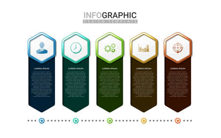 3d realistic infographic label in 5 steps. Vertical infographic with colorful gradient hexagonal shape. Business information steps with iconのイラスト素材