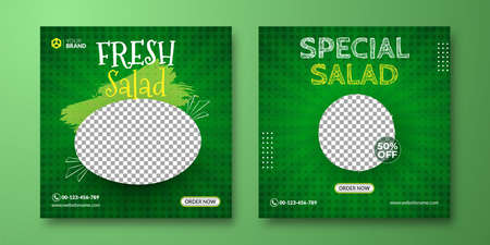 Healthy food posts template. Fresh salad social media background. Green background for banner advertisingのイラスト素材