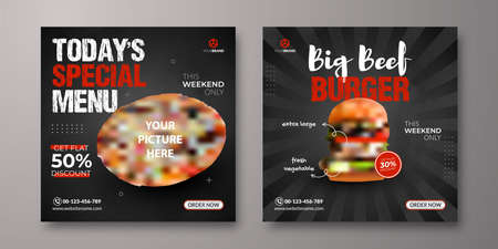 Restaurant social media banner template. Food menu posters for restaurants and cafes. Modern social media feed banner marketing on the black backgroundのイラスト素材