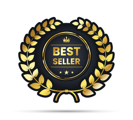 3d gold and black best seller award label. Realistic premium warranty badge with the laurel wreathのイラスト素材