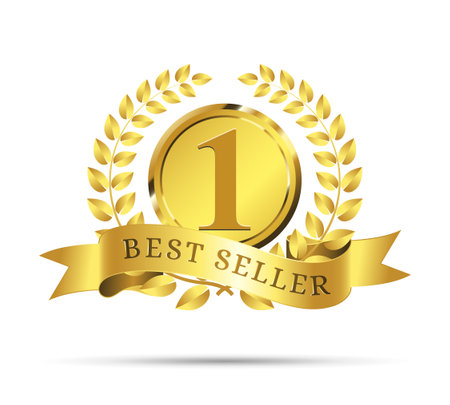 3d golden best seller award label. Realistic premium warranty badge with ribbon and laurel wreathのイラスト素材
