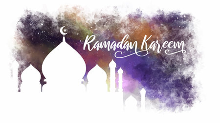 Hand-drawn Islamic celebration background. Beautiful gradient watercolor with white silhouette mosqueのイラスト素材