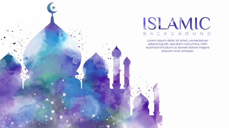 Hand-drawn Islamic celebration background. Beautiful multicolored mosque watercolor. Islamic banner with abstract and colorful mosqueのイラスト素材