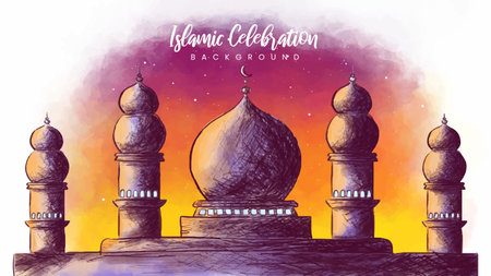 Beautiful mosque watercolor vector illustration with a sunset background. Hand-drawn Islamic celebration background. Ramadan mosque paintingのイラスト素材